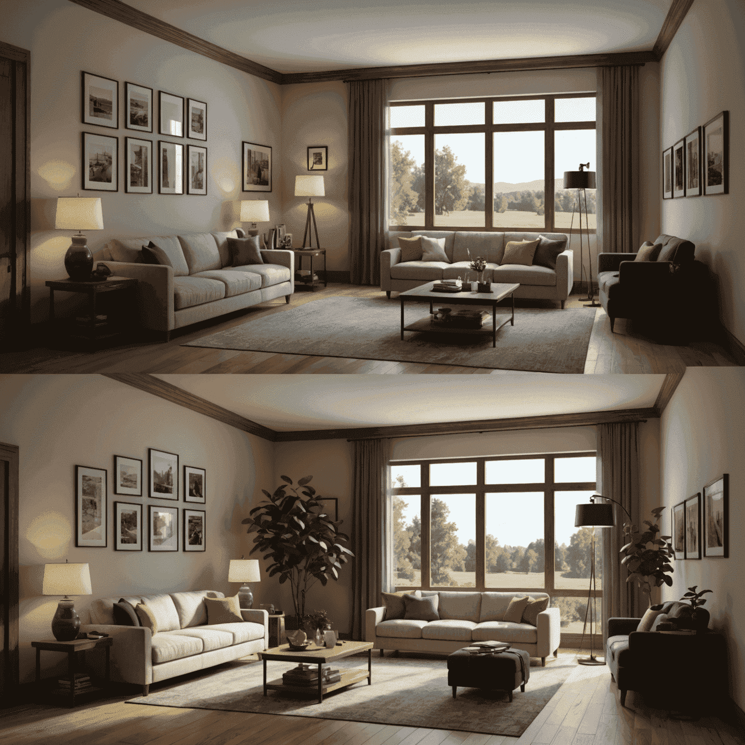 Side-by-side comparison of a 3D interior scene, showing the difference between old and new lighting engines in FreeCAD