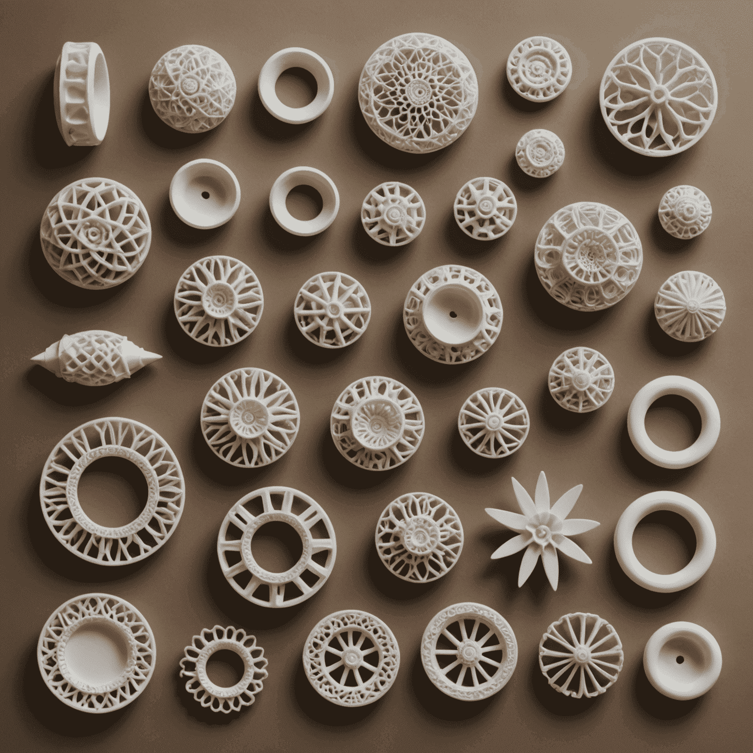 A collection of 3D printed objects showcasing various materials including metal, plastic, and ceramic, with intricate details visible