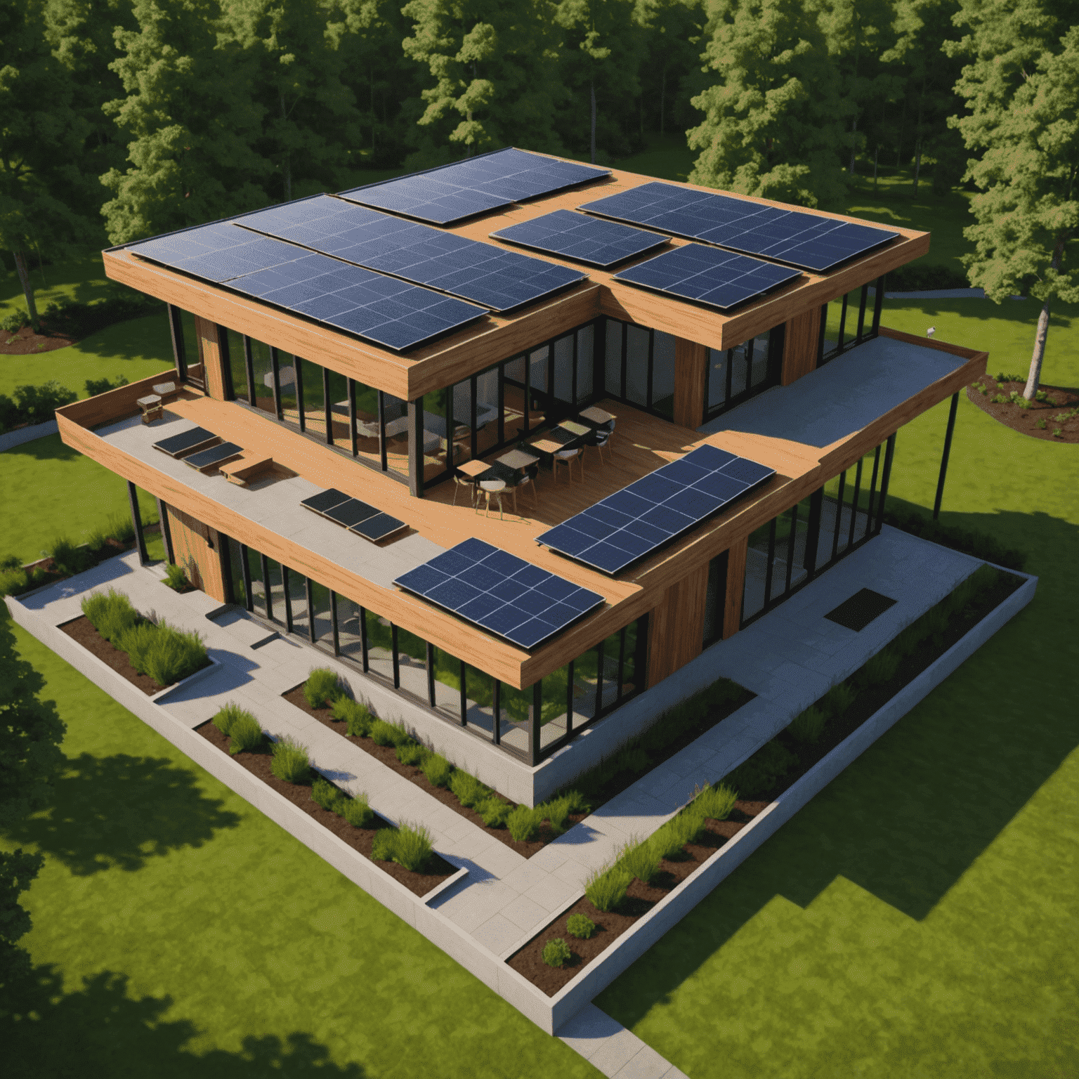 A 3D rendered eco-friendly building design with solar panels, green roof, and sustainable materials, created in FreeCAD